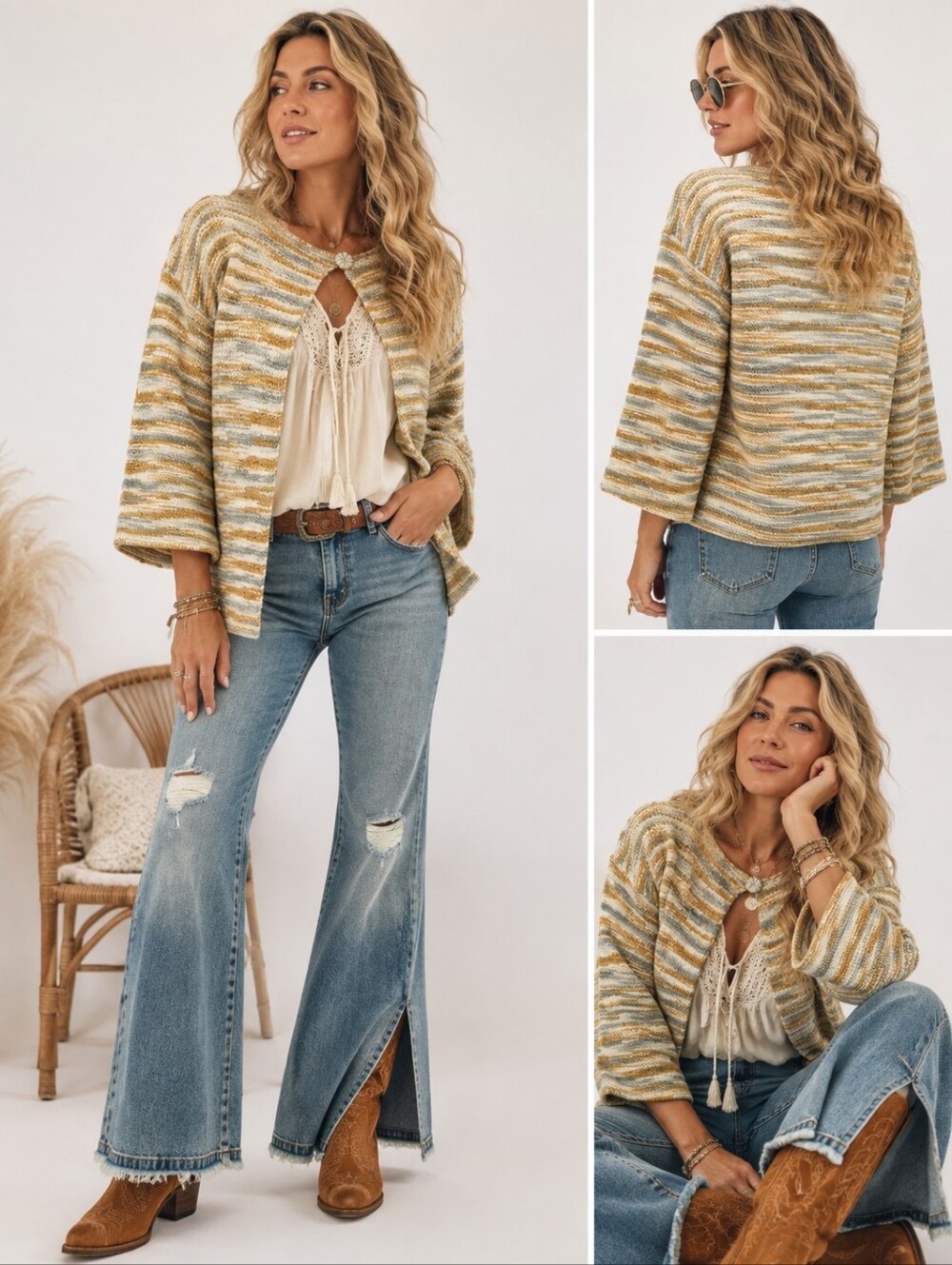 Hand-knit Boho Sweater Artisan Knit Earthy Stripe Western Boho-Chic SZ: M/L